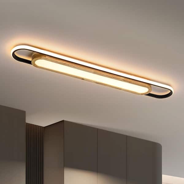 Rennnsan Cindy 39.37 in. W 2-Light Modern Elegant Matte Black with Wood Oval LED Flush Mount Ceiling Light