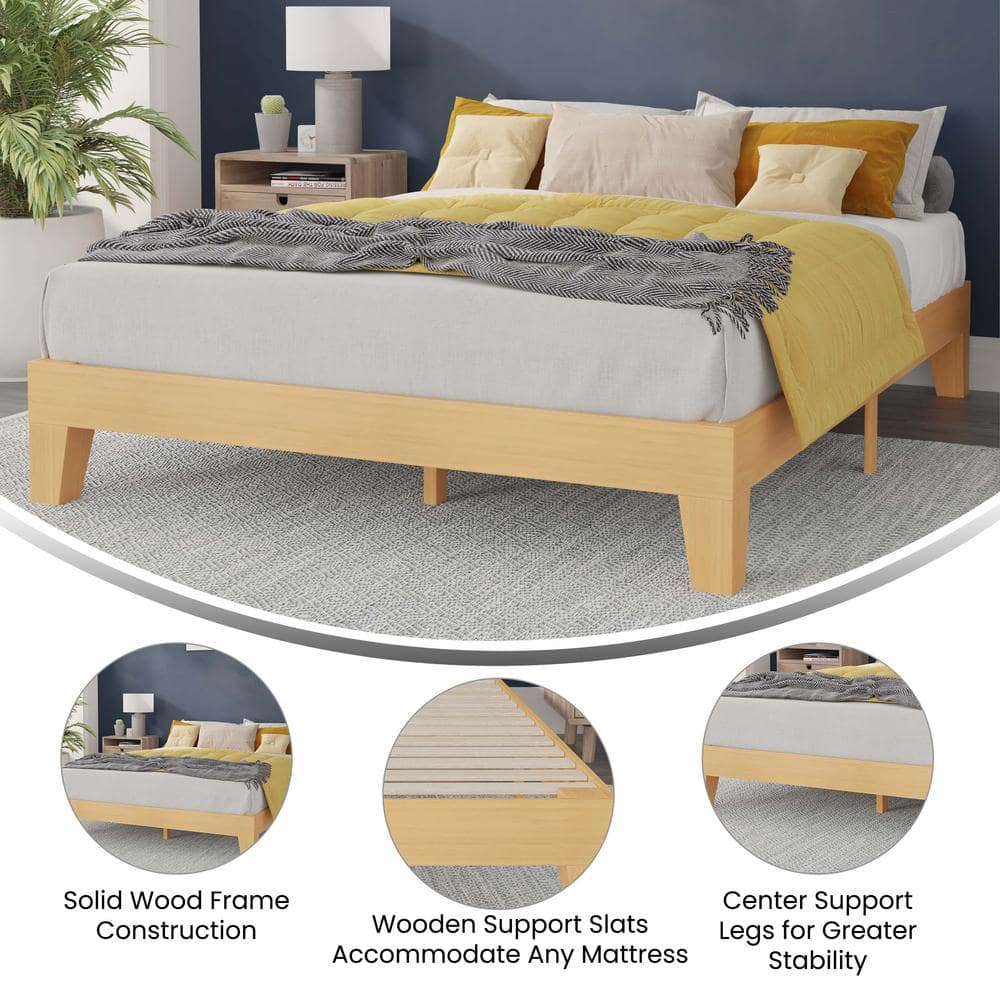 Natural Pine Queen Platform Bed with Storage Drawer and Slats