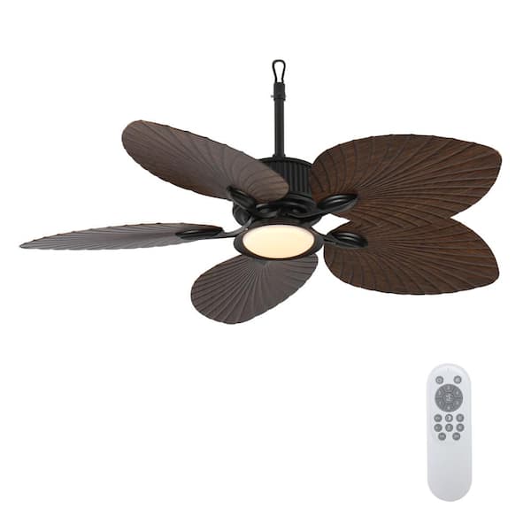 52 Inch Modern Tropical Palm‑Leaf Hook‑Mount Outdoor Ceiling Fan with Light, Waterproof Wet‑Rated for Patio