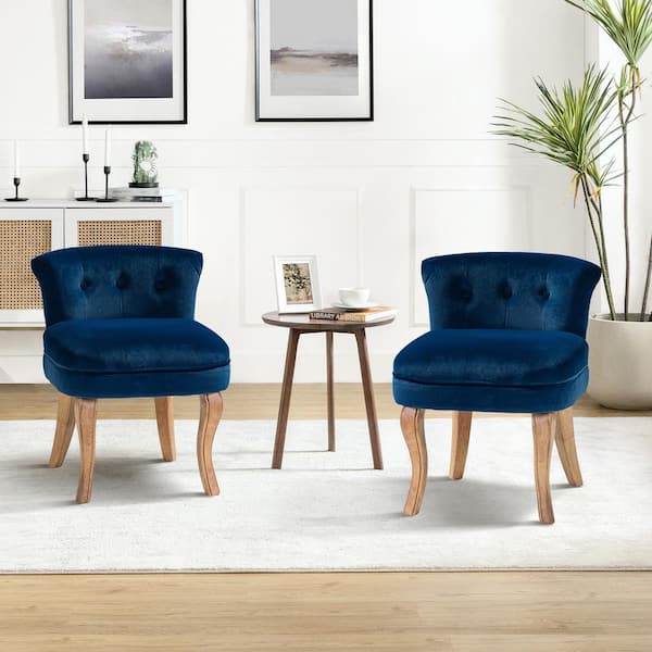 JAYDEN CREATION Nila Navy Vanity Velvet Upholstered Stool Chairs with Solid Wooden Legs (Set of 2)