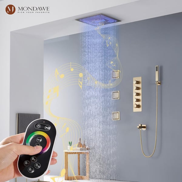 Gendanne afkom håndtag Mondawe Luxury LED Music 4-Spray Patterns Thermostatic 16 in. Ceiling Mount  Rain Dual Shower Heads with 3-Jet in Brushed Gold WF6338CC-16BG - The Home  Depot