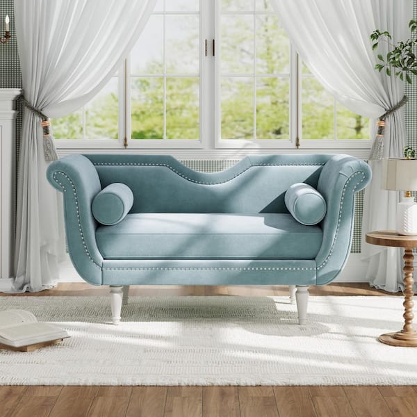 Dervell French 53.4 in. Light Blue Velvet Nailhead Trim Upholstered Bedroom Bench with Scrolled Armrest & Pillow