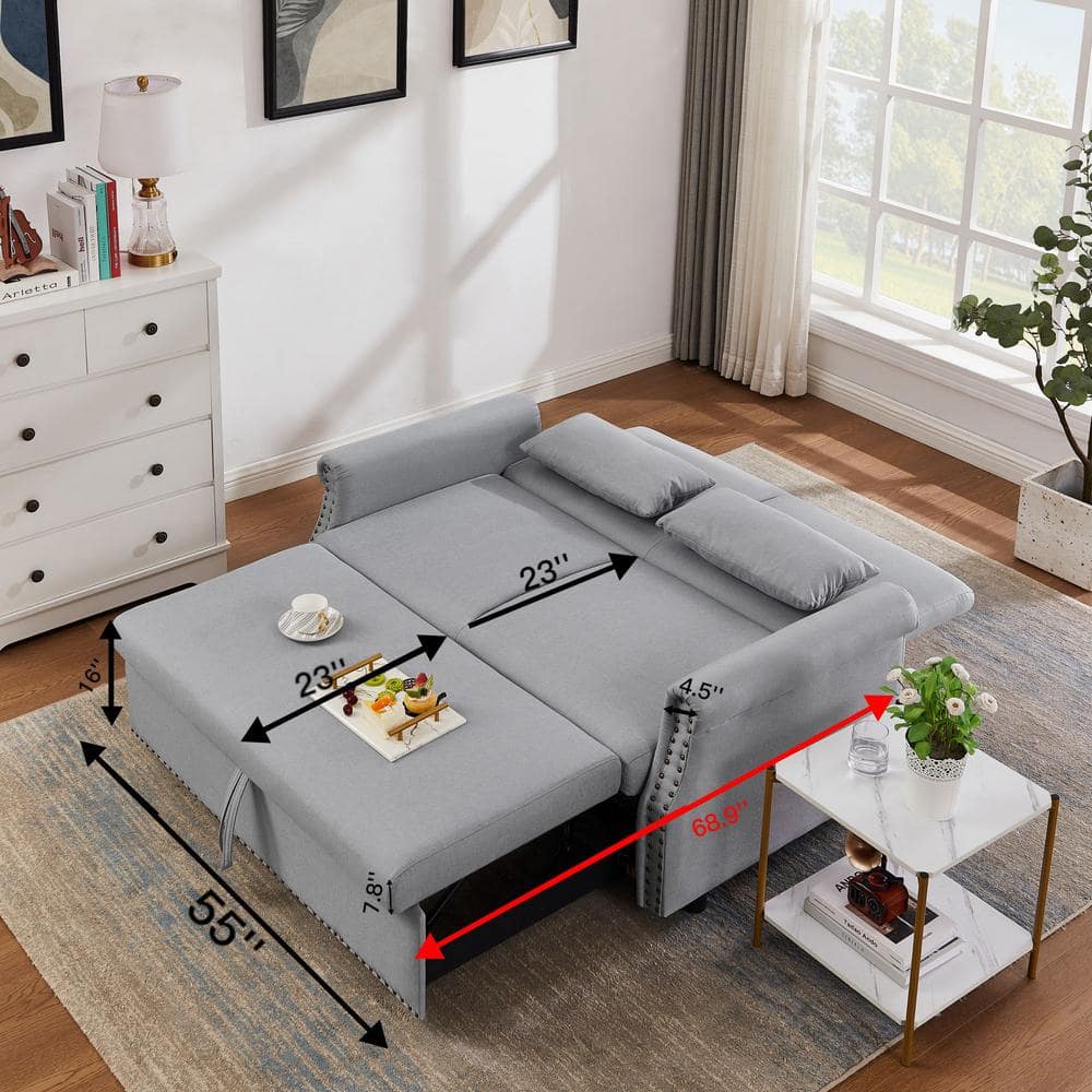 68.9 in. W Rolled Arm Polyester Fabric Rectangle Convertible Sofa with Pillow in Gray -  J&E Home, GD-W39547977