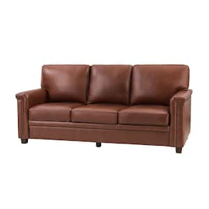 Cristina 77.2 in. Wide Brown Leather Rectangle 3-Seat Sofa with Wooden Legs