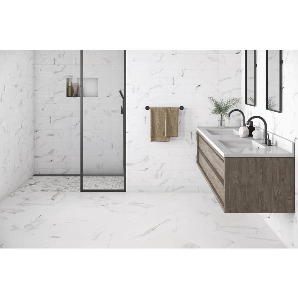 Belmar 4x12 White and Beige Ceramic Marble Look Tile