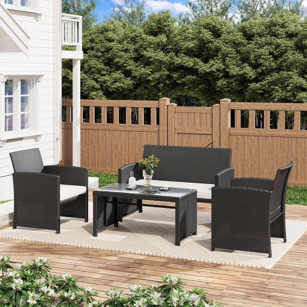 4-Piece Outdoor Wicker Patio Conversation Set, Patio Sofa Patio Furniture Set with Khaki Cushions and Glass Coffee Table price history on PriceWatchPro
