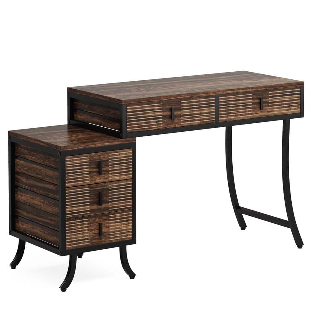 Industrial Brown Wood 55" Computer Desk with 5 Drawers