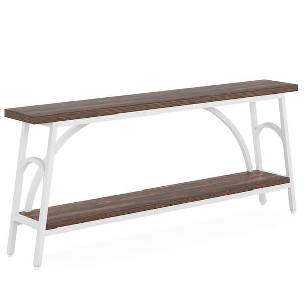 BYBLIGHT Turrella 70.8 in. Walnut Console Table, Rectangle MDF Console Table with White Base, Sofa Table for Living Room