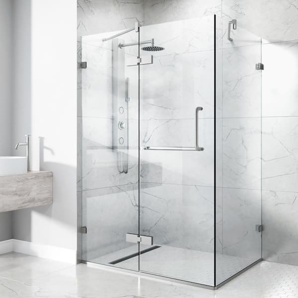 Monteray 34 in. L x 46 in. W x 73 in. H Frameless Pivot Rectangle Shower Enclosure in Brushed Nickel with Clear Glass