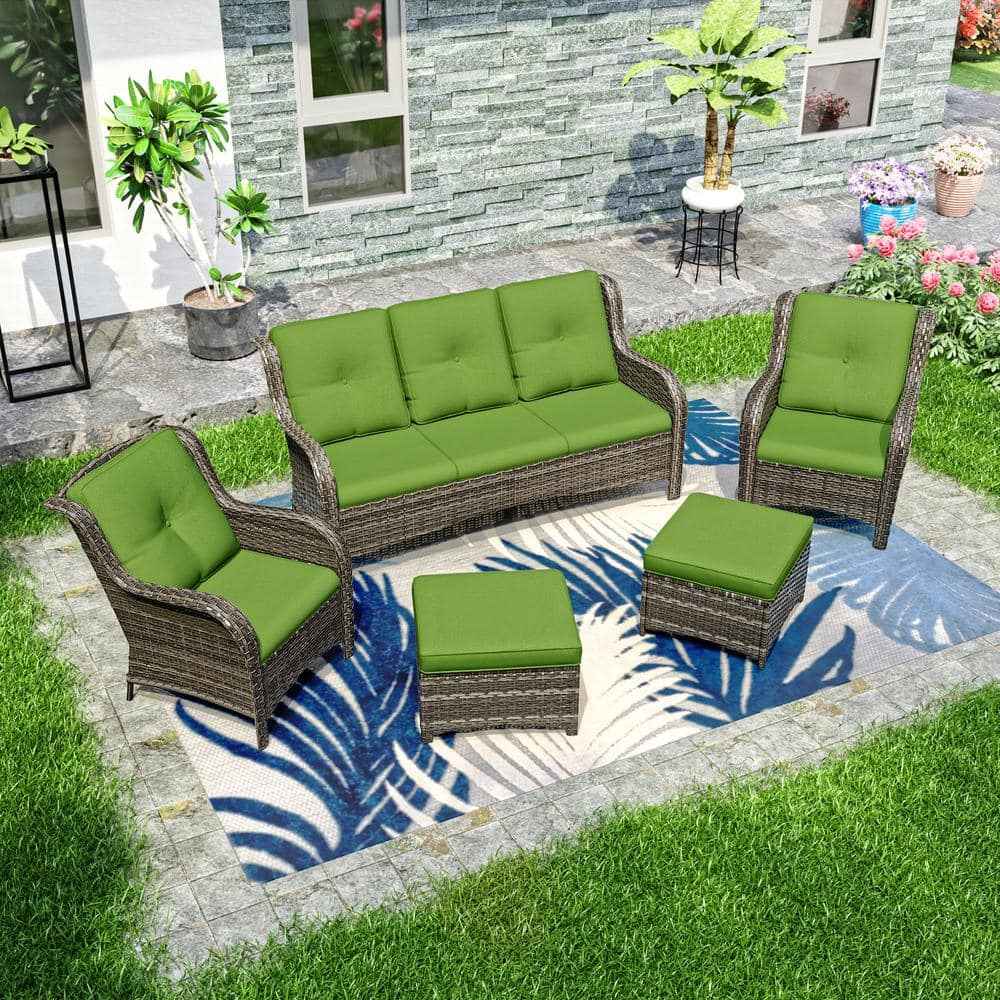 5-Piece Green Cushioned Wicker Patio Conversation Set
