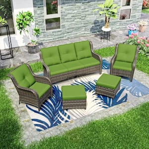 5-Piece Wicker Outdoor Patio Seating Conversation Set Sectional Sofa with Green Cushions