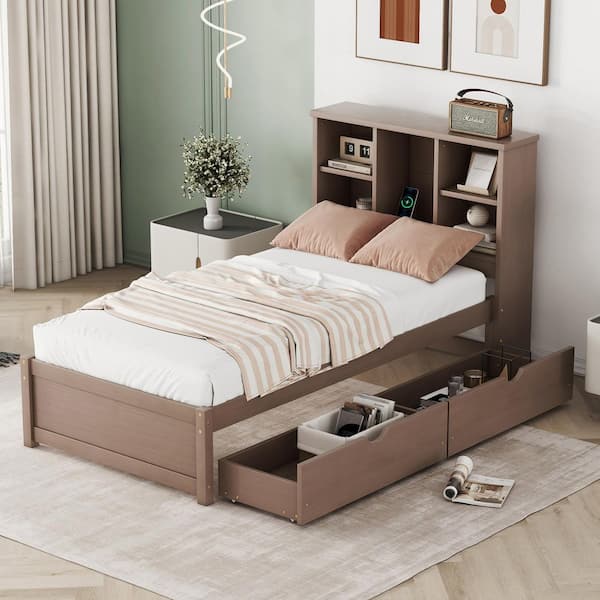 Walnut(Brown) Wood Frame Twin Size Platform Bed with Built-in USB Port on Bookcase Headboard and 2-Drawers