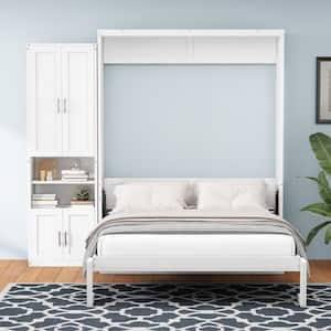 White Wood Frame Queen Size Murphy Bed, Folding Wall Bed with Desktop, USB Ports and Sockets, 1 Side Storage Cabinet