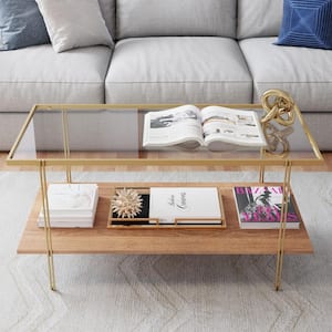 Asher 39 in. Gold/Oak/Clear Medium Rectangle Glass Coffee Table with Shelf