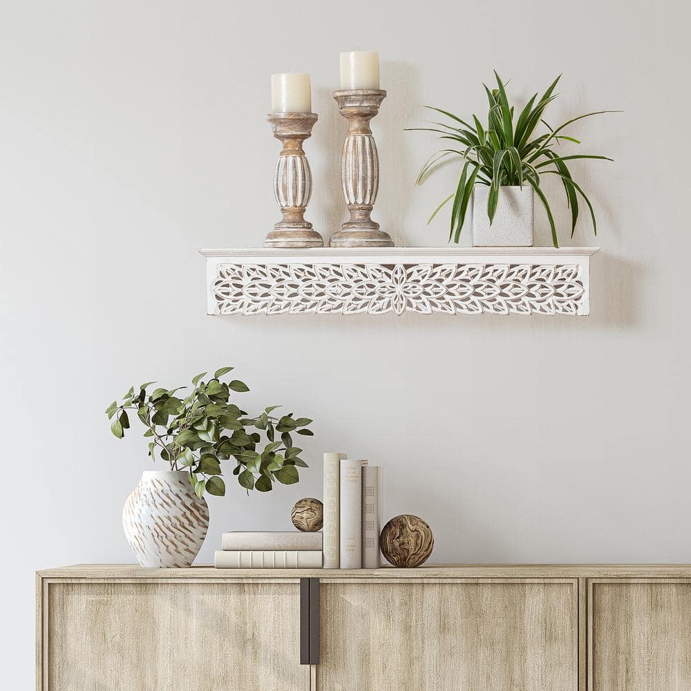 Gaudin 30" White Hand Carved Floating Shelf