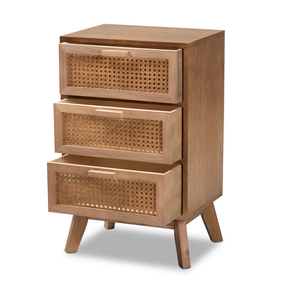 Walnut Brown Wood 3-Drawer Accent Table with Rattan