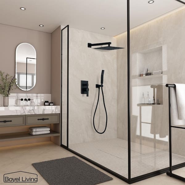 Boyel Living Exposed Pipe Complete Shower System 1-Spray Patterns with 2.5 GPM 8 in. Wall Mount Dual Shower Heads in Matte Black