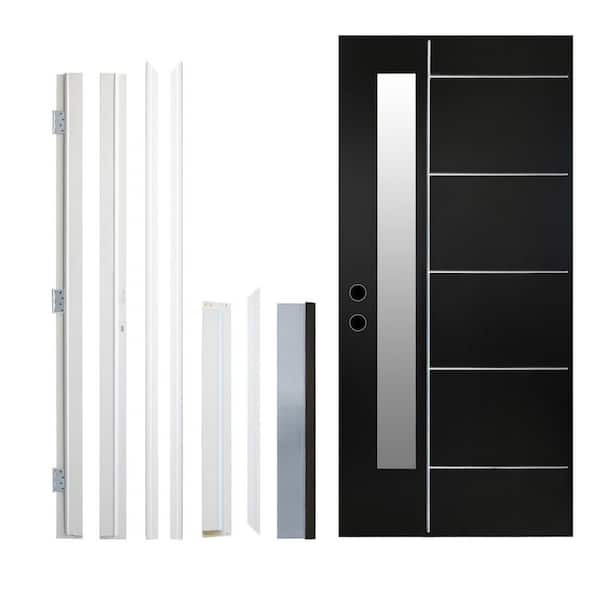 36 in. x 80 in. Right-Hand Flush 6 Lite Frosted Glass Black Finished Fiberglass Prehung Front Door with Threshold, Hinge