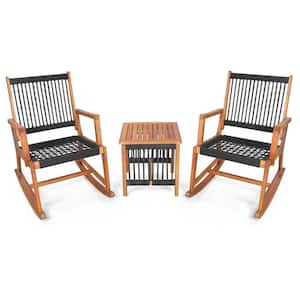 3-Pieces Acacia Wood Outdoor Bistro Set with Table Rocking Chair Set All-Weather Rope