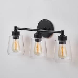 21.6 in. 3-Light Black Bathroom Vanity Light with Clear Glass Shades