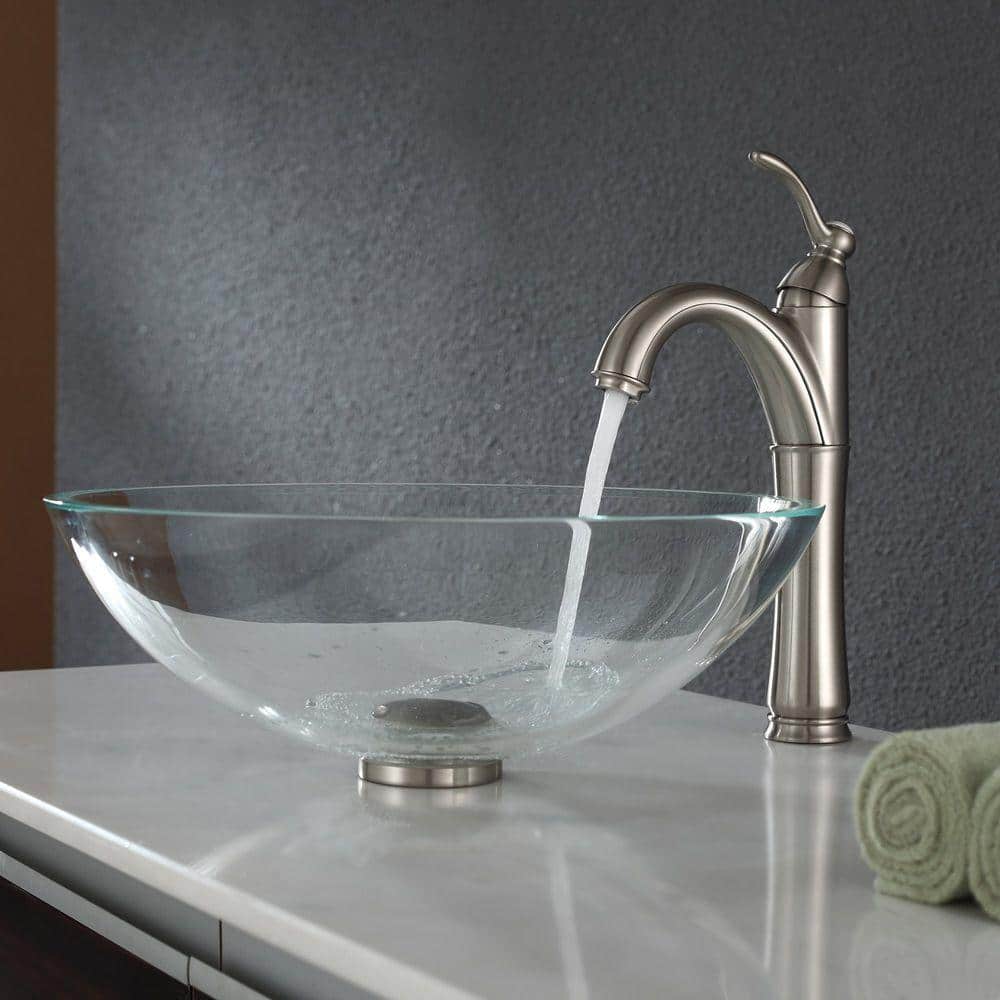 Crystal Clear Round Glass Vessel Sink with Satin Nickel Drain
