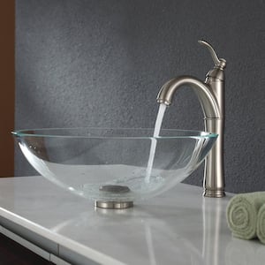 Single-Tone 16.5 in. Round Vessel Bathroom Sink in Clear Glass with Pop-Up Drain and Mounting Ring in Satin Nickel