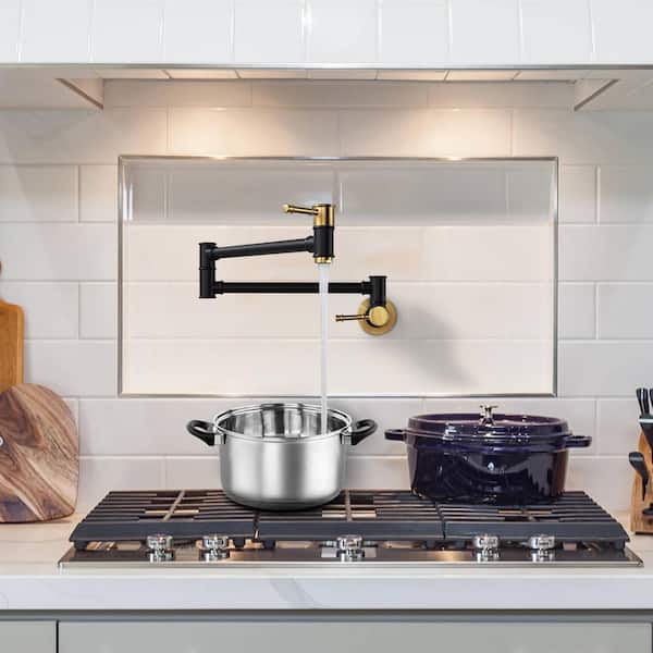 23.5 in. Wall Mounted Folding Pot Filler with Double Joint Swing Arm in Black and Gold