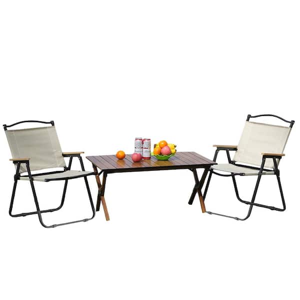 Tatayosi Brown/Beige 3-Piece Aluminum Folding Outdoor Table and two chairs