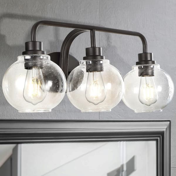 JONATHAN Y Sandrine 26.25 in. 3-Light Oil Rubbed Bronze Iron/Seeded Glass Cottage Rustic LED Vanity Light