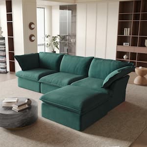 122.82 in. Flared Arm 4-Piece Linen Down-Filled Deep Seat Modular Free Combination Sectional Sofa with Ottoman in Green