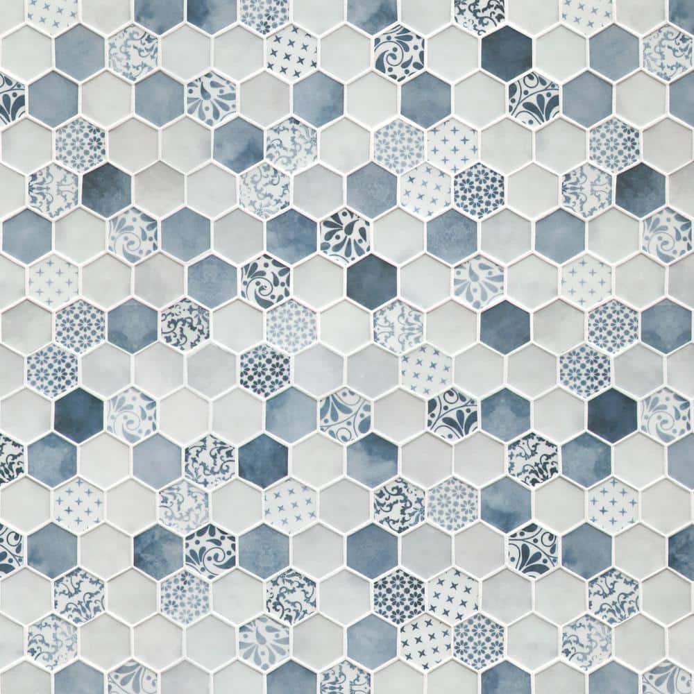Blue and White Hexagon Recycled Glass Mosaic Tile