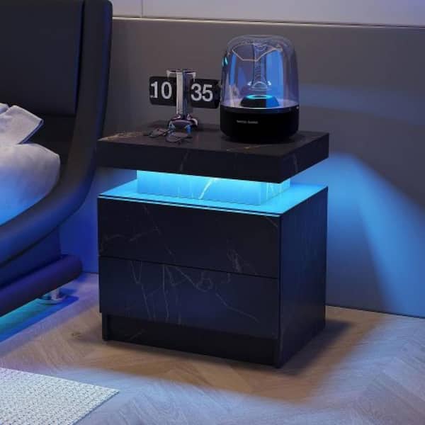 Clihome Black Gold 2-Drawers 19.3 in. W Nightstand LED Bedside Table Cabinet Modern End Side Table