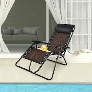 Folding Rattan Zero Gravity Outdoor Lounge Patio Chair Recliner in Light Brown with Removable Head Pillow