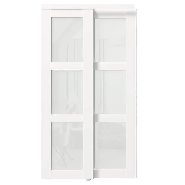 TENONER 48 in. x 80 in. MDF, White Double Frosted 3-Panel Glass Sliding Door with All Hardware