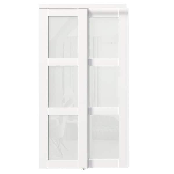 Tenoner 48 In X 80 In Mdf White Double Frosted 3 Panel Glass Sliding Door With All Hardware