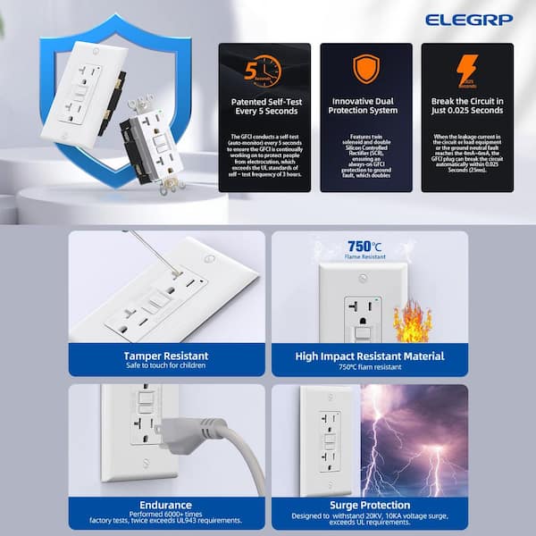 GFCI Outlet Self-Test, 20 Amp 125V Tamper Resistant Duplex wall outlet, with Glossy Wall Plate, UL Listed, White 10PC