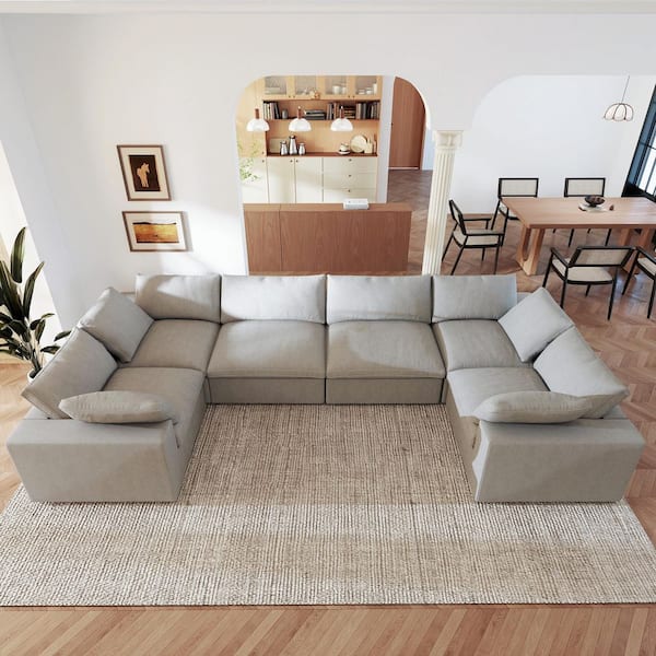 Large V-shaped Down Filled 157 in. Square Arm 6-Piece Linen Cloud Modular Sectional Sofa with Washable Covers in Gray
