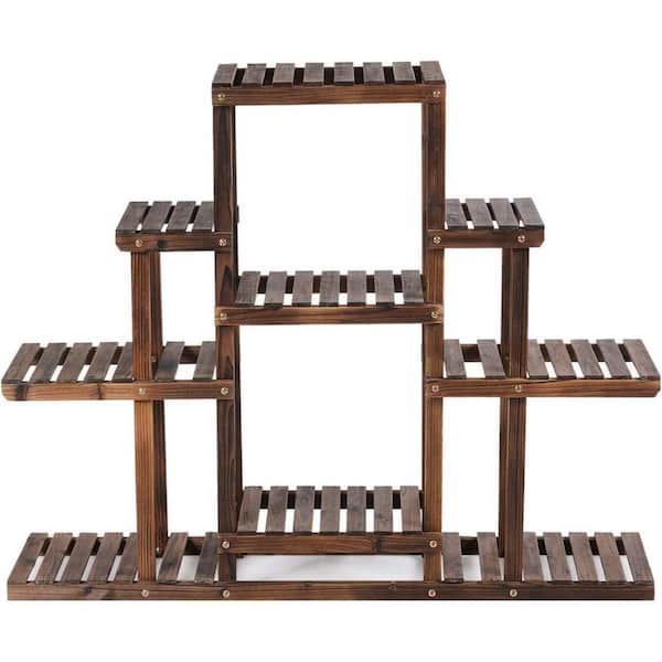 6-Tier Carbon Baking Wood Outdoor Plant Stand Plant Display Rack Multifunctional Storage Shelf