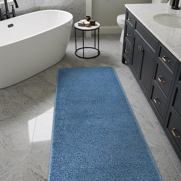 Silky Blue 2 ft. x 7 ft. Solid Plus Thick Pile Non Slip Easy Clean Non Shedding Modern Runner Indoor Area Rug