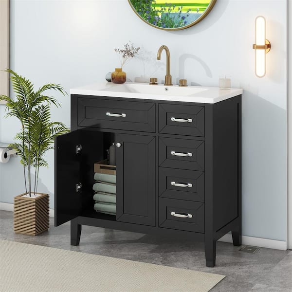 Aoibox 35.98 in. W. x 18.03 in. D x 35.98 in. H Bathroom Vanity Cabinet in Black with Drawers, White Ceramic Sink Top