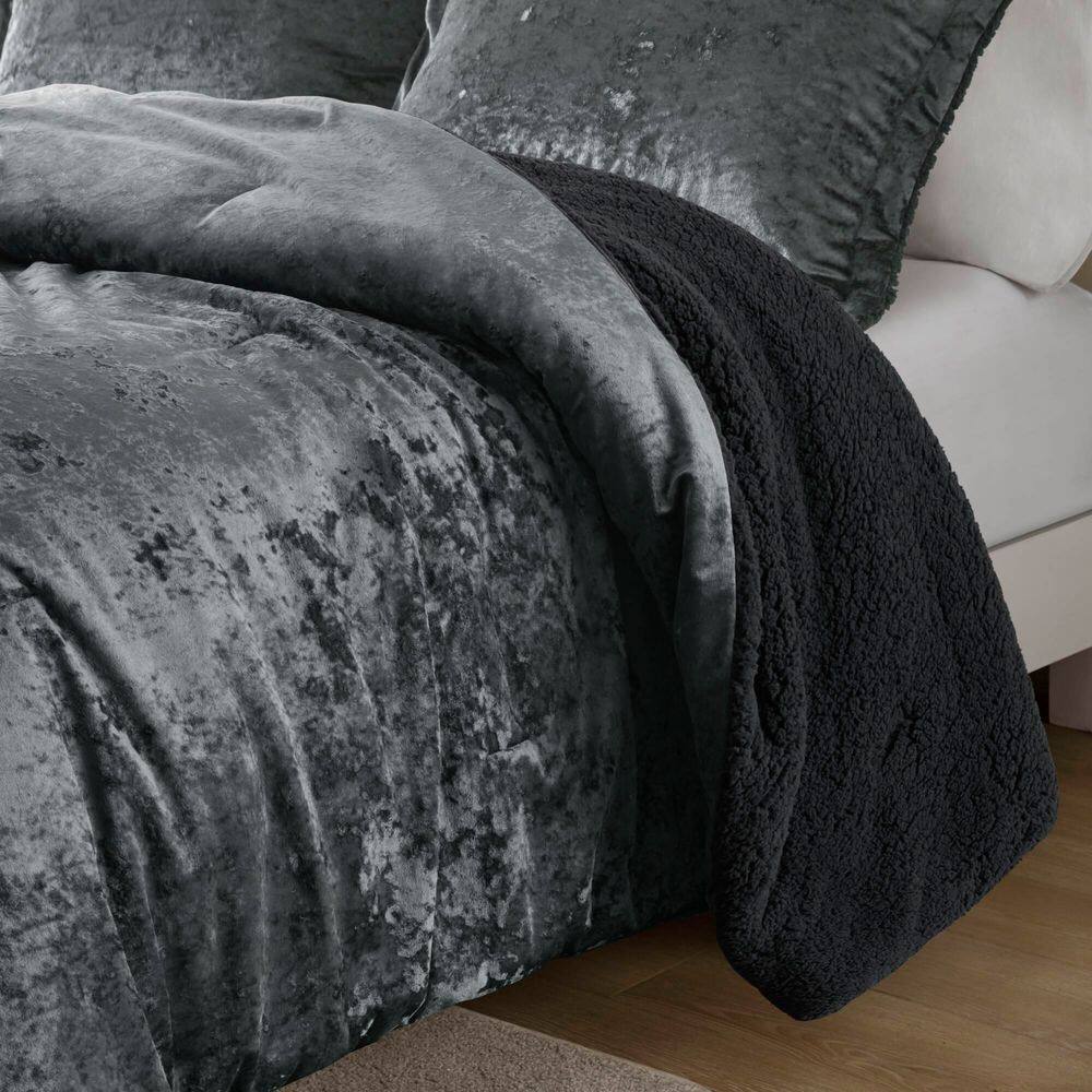 Charcoal King Velvet Reversible Comforter Set with Sherpa