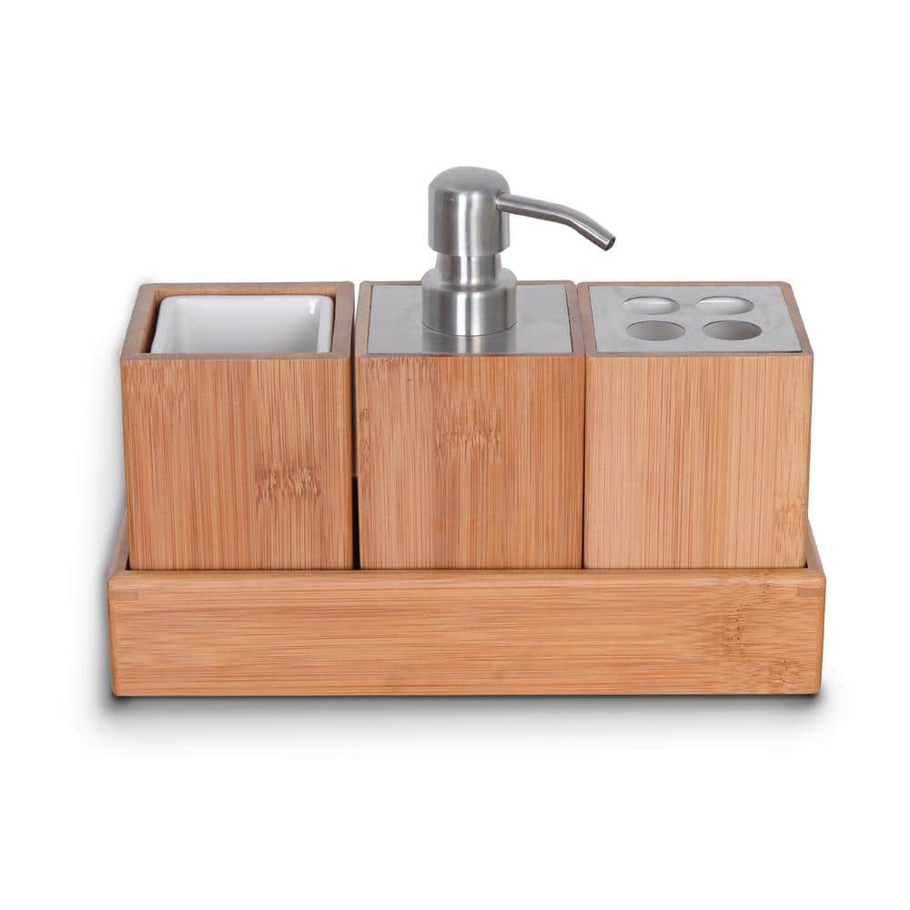 Bamboo 3-Piece Bathroom Accessory Set Soap Pump, Toothbrush Holder and Apot