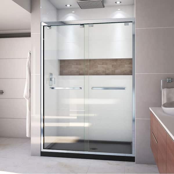 DreamLine Encore 32 in. D x 54 in. W x 78.75 in. H Semi-Frameless Sliding Shower Door in Chrome with Center Drain Black Base