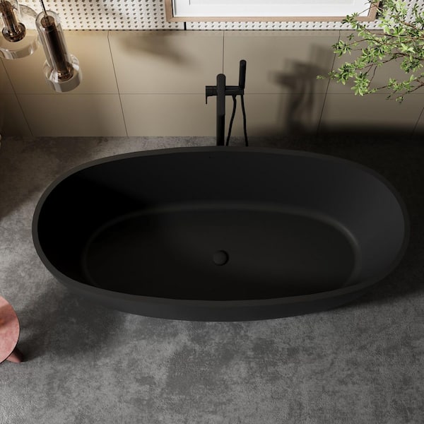 62 in. x 31 in. Oval Freestanding Solid Surface Soaking Bathtub with Center Drain in Matte Black