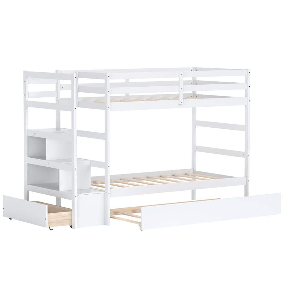 Costway White Twin Bunk Bed with Trundle Stairway and Storage Shelf Drawer  HU10041WH+ - The Home Depot