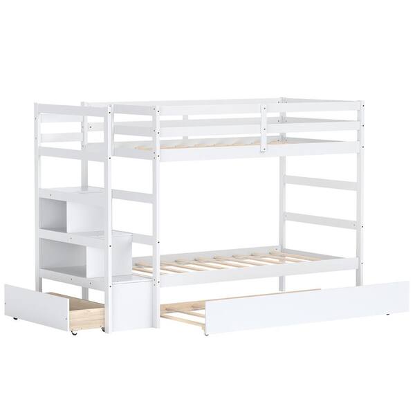 Costway White Twin Bunk Bed with Trundle Stairway and Storage Shelf Drawer