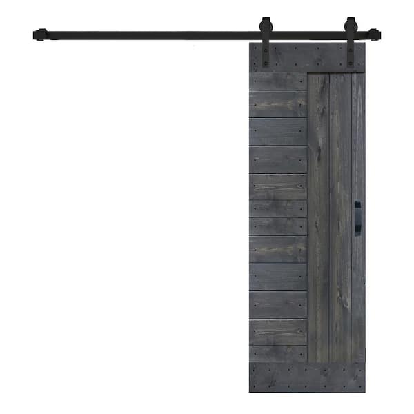 ISLIFE L Series 28 in. x 84 in. Carbon Gray Finished Solid Wood Sliding Barn Door with Hardware Kit - Assembly Needed