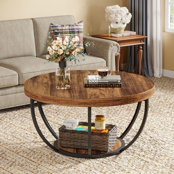 Tribesigns Cans 31.5 in. Rustic Brown Round Wood Coffee Table Accent Center Table with Storage Shelf for Living Room TJHD NY166 HYF The Home Depot