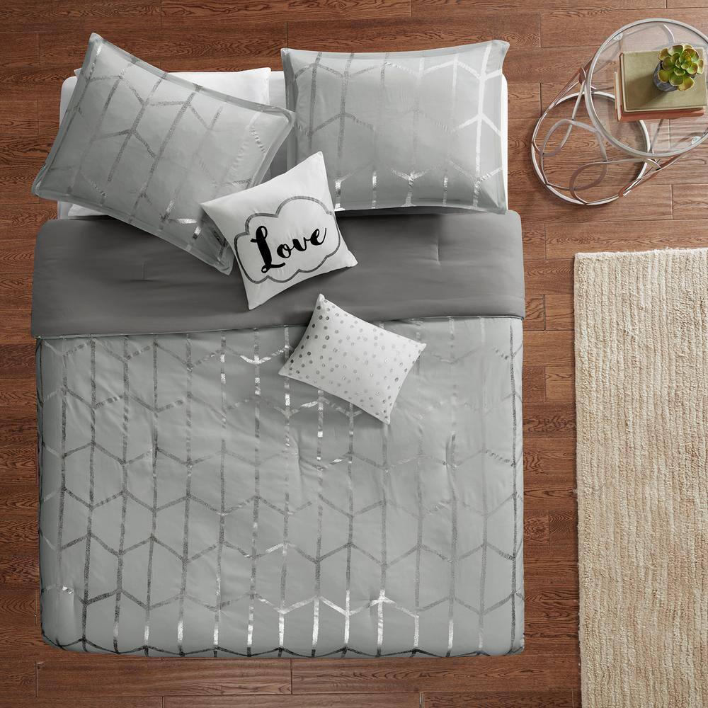 King Grey and Silver Microfiber 5-Piece Comforter Set