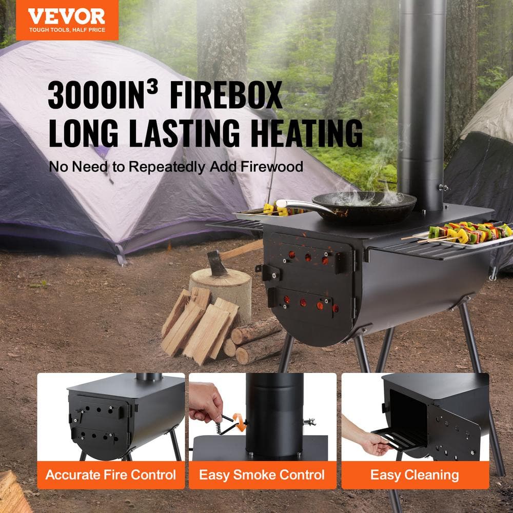 VEVOR Black Alloy Steel Portable Outdoor Wood Burning Stove with Shelves